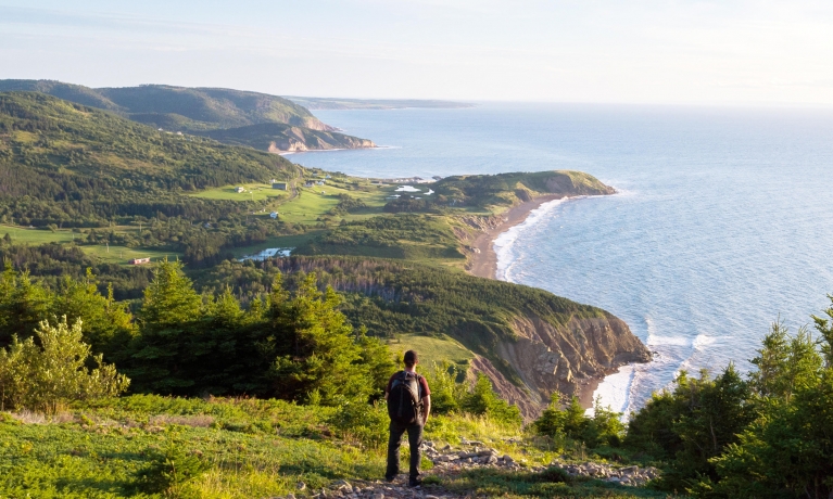 A hiker stands on a grassy hill overlooking the ocean