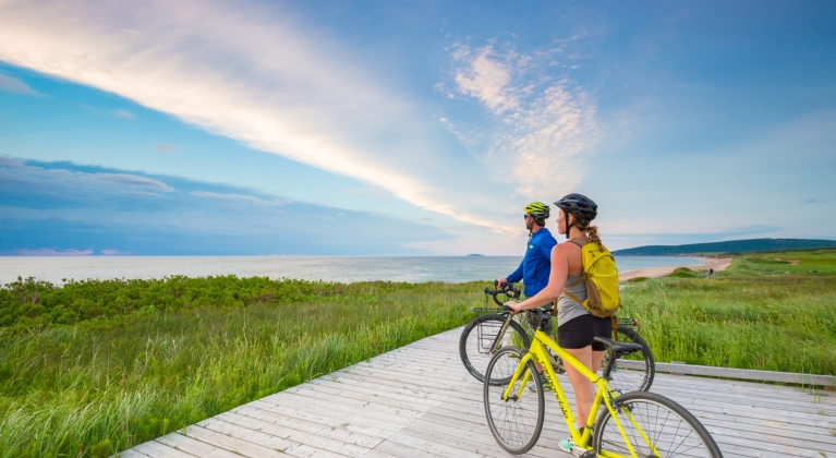 Two cyclists stop on a wooden platform to look out at the ocean